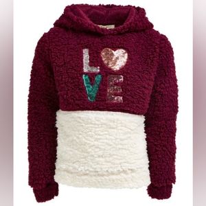 One Step Up Burgundy & Vanilla 'Love' Sherpa Kid's Hoodie